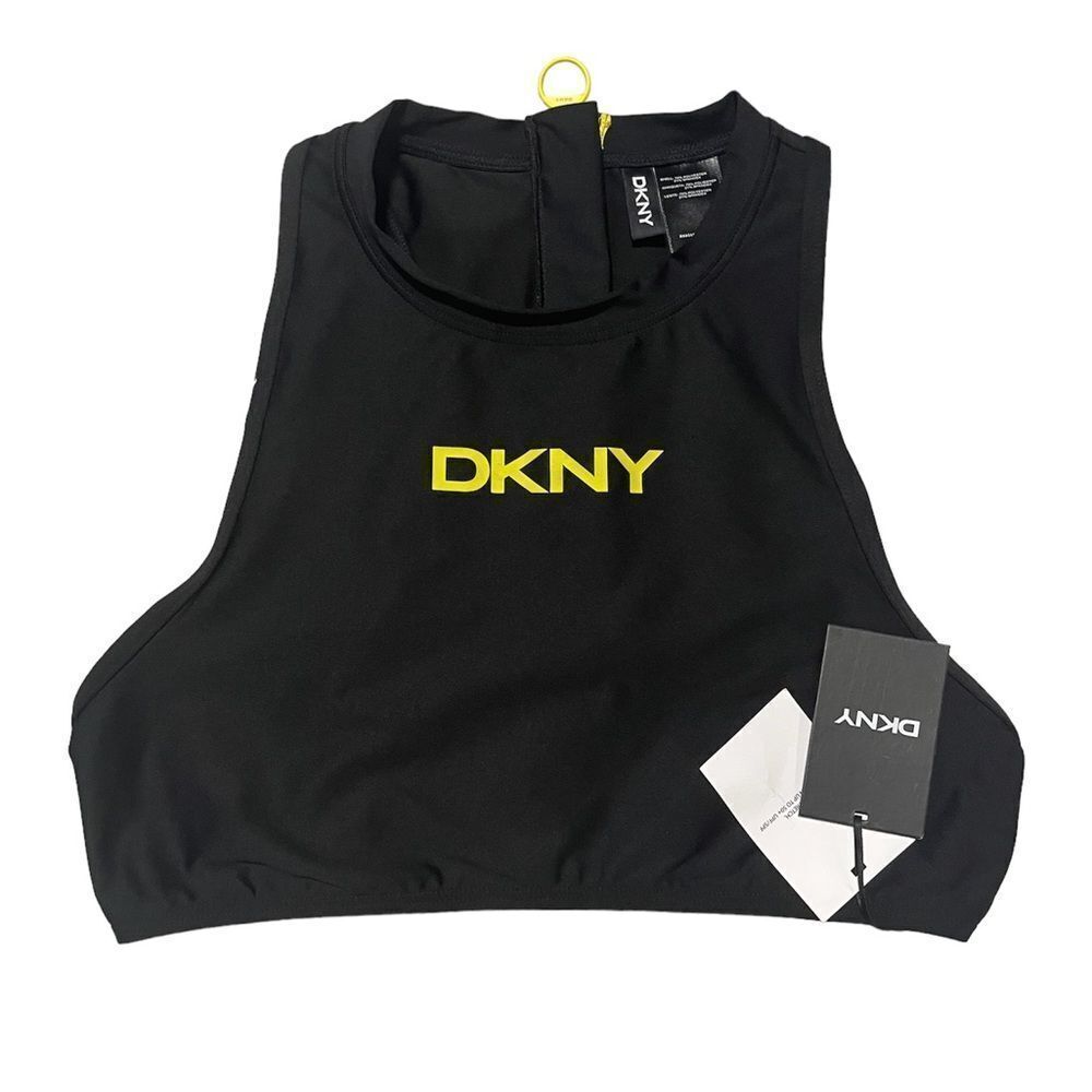 DKNY Black Logo Stretch Zippered Sporty Swimsuit Top - Picture 3 of 3